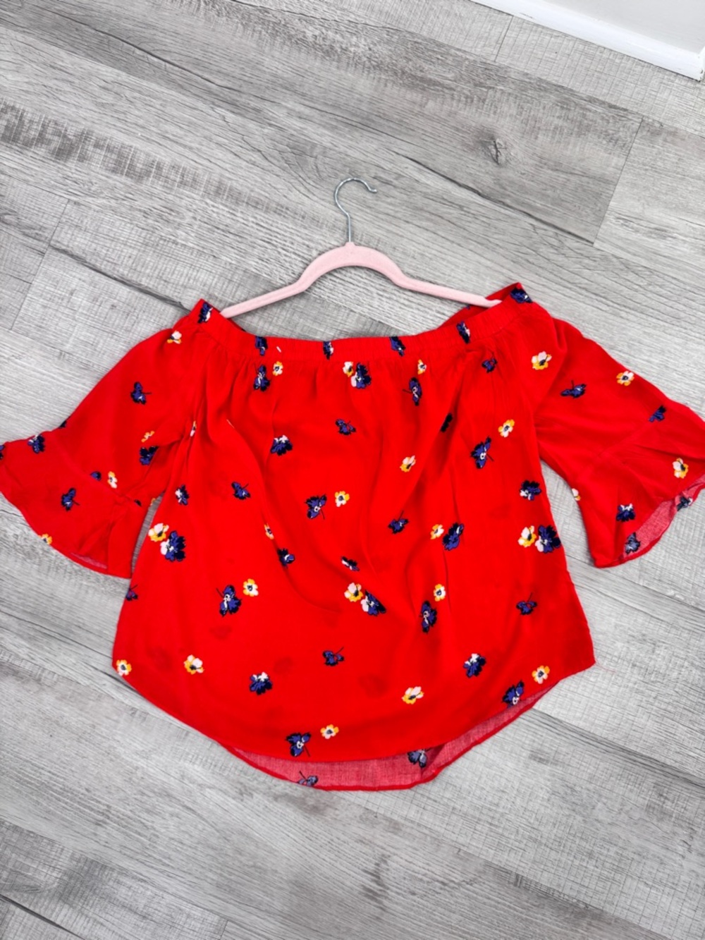 Old Navy Red Floral Off-the-Shoulder Bell Sleeve Blouse - Size M